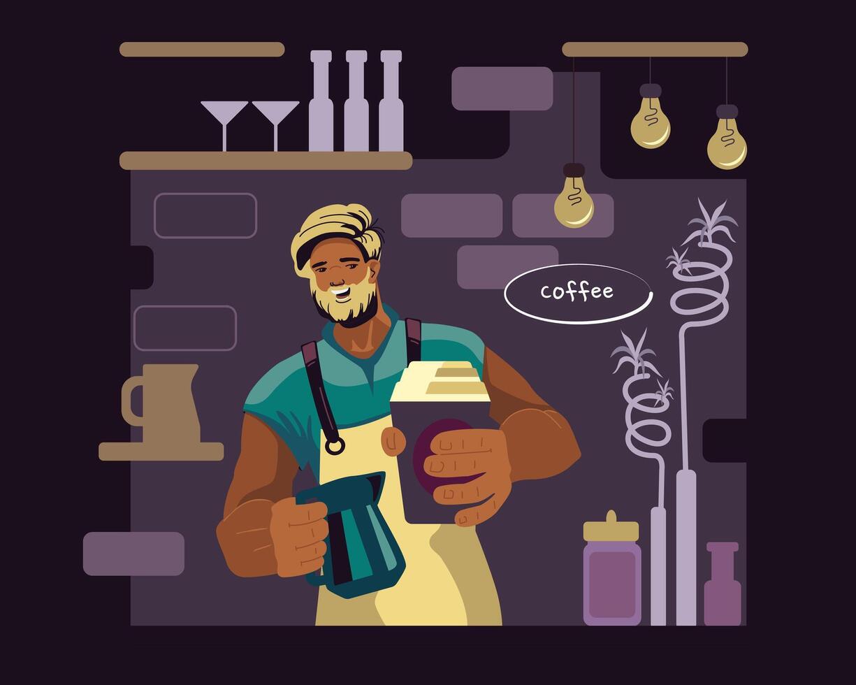 Mann im Schürze halten Tasse und Verkauf heiß Schokolade. bereiten heiß trinken zum Kunden Prozess vektor