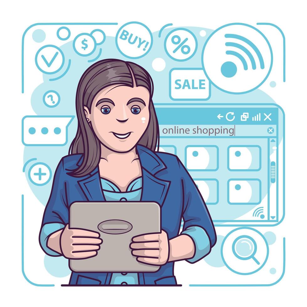 weiblich halten Tablette und mit Webseite, macht Einkäufe. vorteilhaft Einkaufen um Welt Konzept vektor