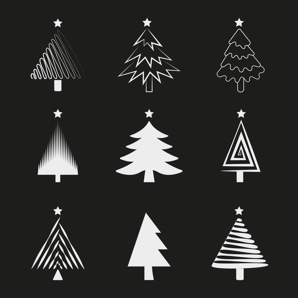 silver- jul träd vektor samling uppsättning på svart bakgrund