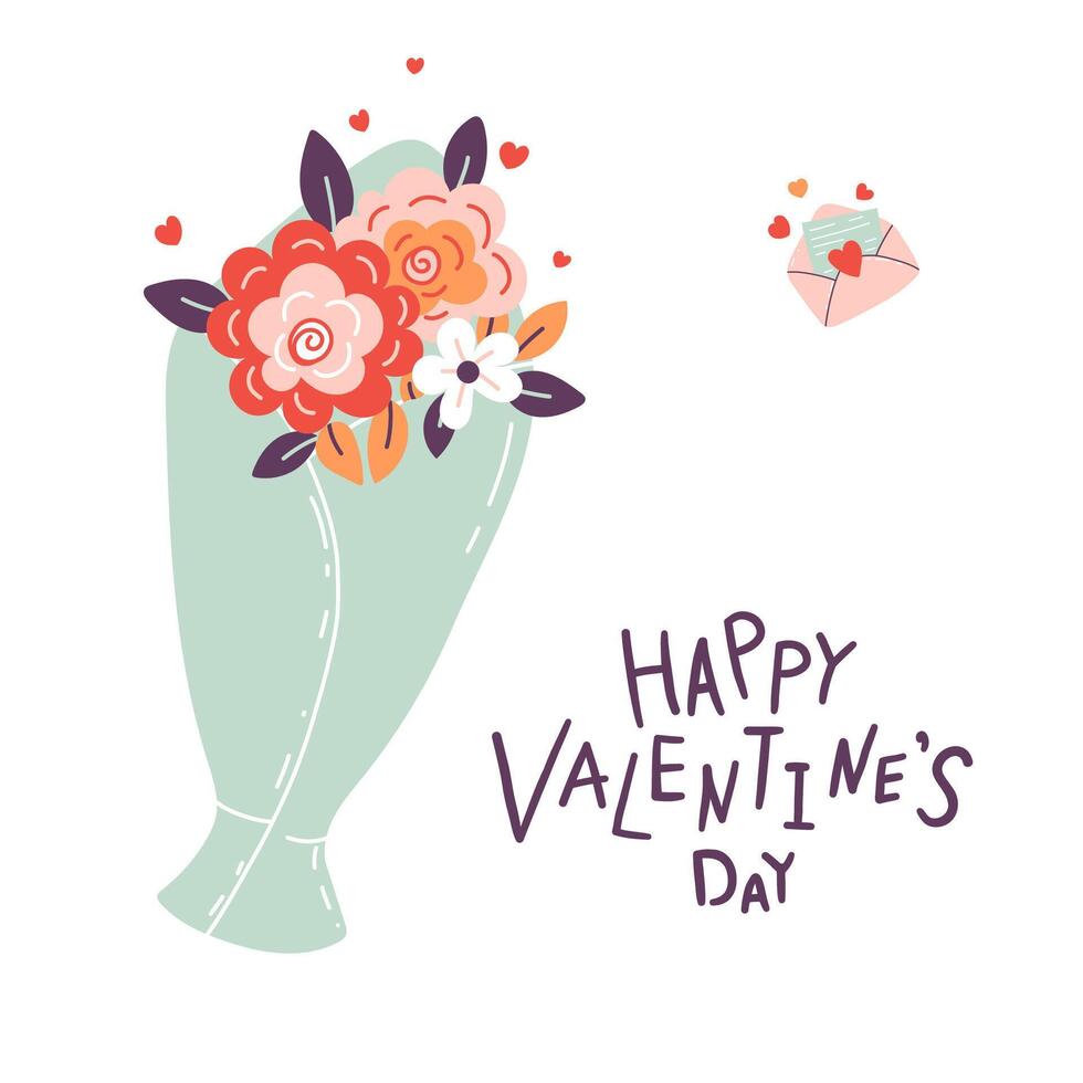 Valentinsgrüße Tag Karte.Blumenstrauß von Blumen und Botschaft. Hand Beschriftung auf Weiß Hintergrund. eben Stil. Karikatur Vektor Illustration