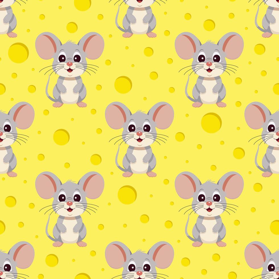 Vektor nahtlos Muster. süß Mäuse auf ein Hintergrund von Käse Löcher. Karikatur süß Maus. heiter Hintergrund zum Stoff, Kinder- Karte, Banner.