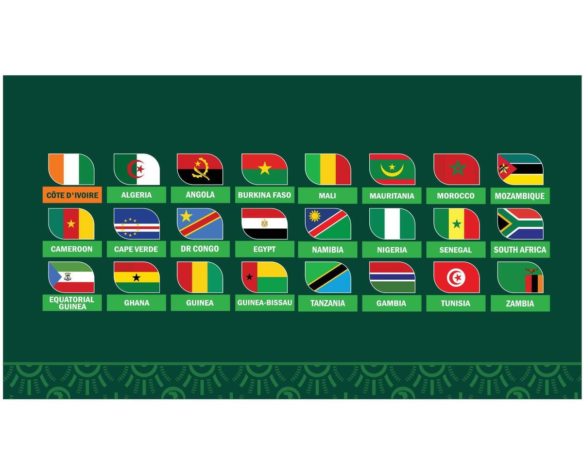 afrikansk nationer 2023 flaggor emblem lag länder afrikansk fotboll symbol logotyp design vektor illustration