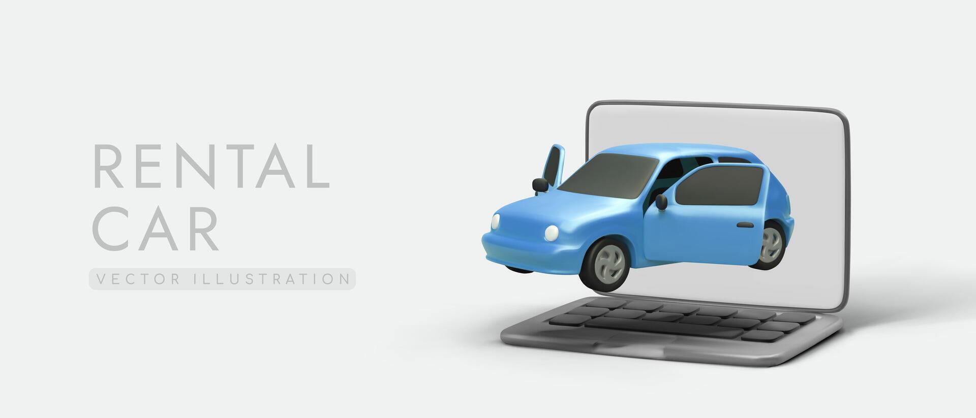blå 3d bil med öppen dörrar. urval av optimal bil för hyra. bil delning reklam, webb design vektor