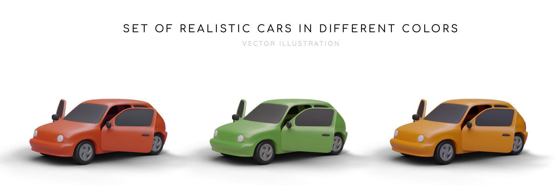 einstellen von realistisch 3d Autos im anders Farben. Poster zum Auto Der Umsatz und Vermietung Unternehmen vektor