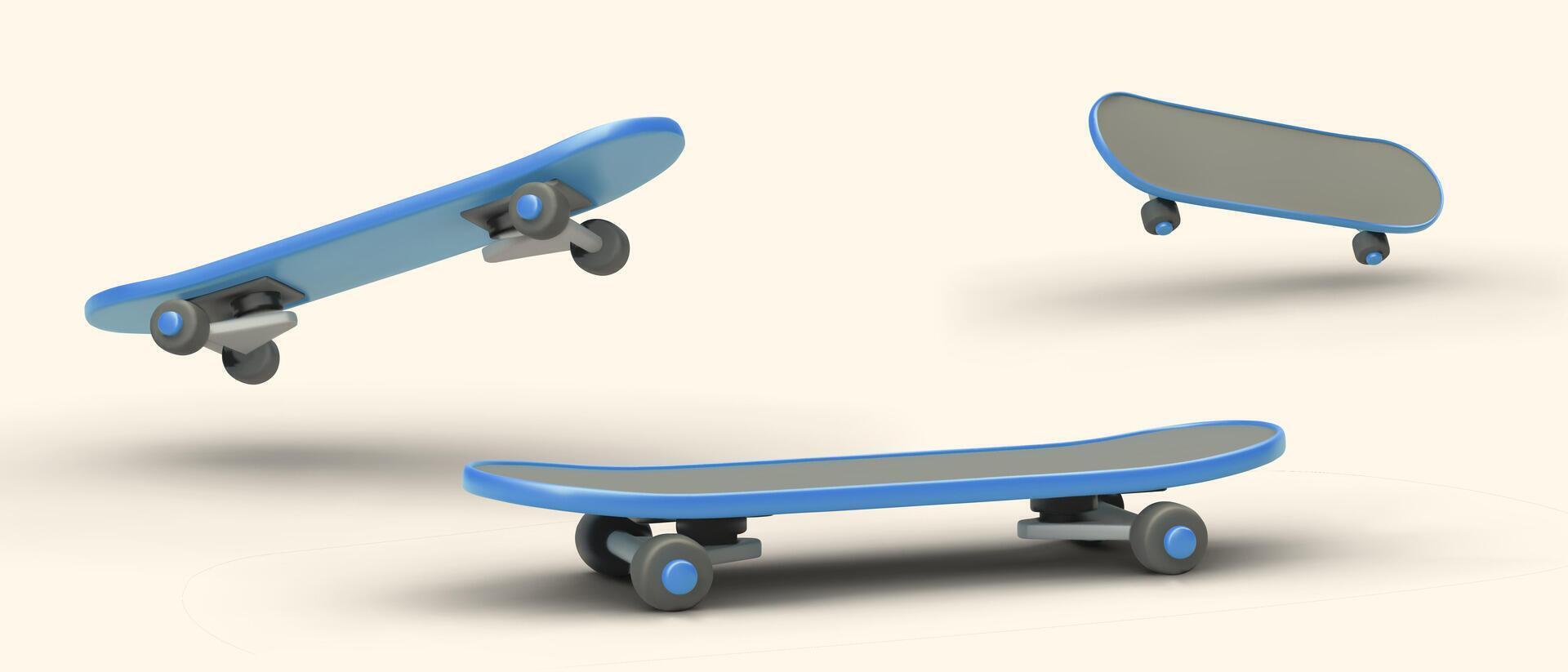 skateboard i 3d formatera. uppsättning av däck i annorlunda positioner vektor