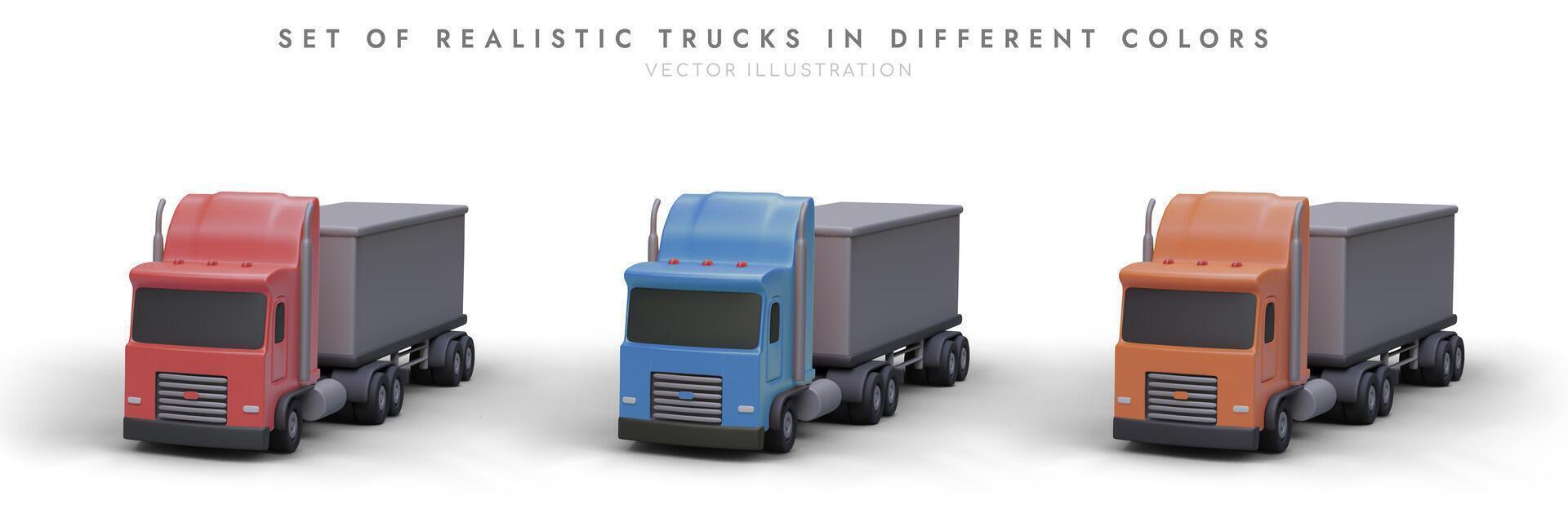 einstellen von realistisch Lastwagen im anders Farben. Illustration zum Werbung Logistik Unternehmen vektor