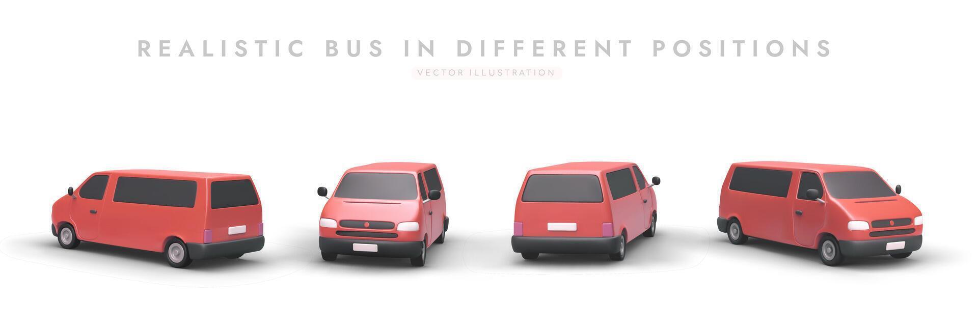 realistisk mini buss från annorlunda vinklar. röd 3d minibuss med skuggor vektor