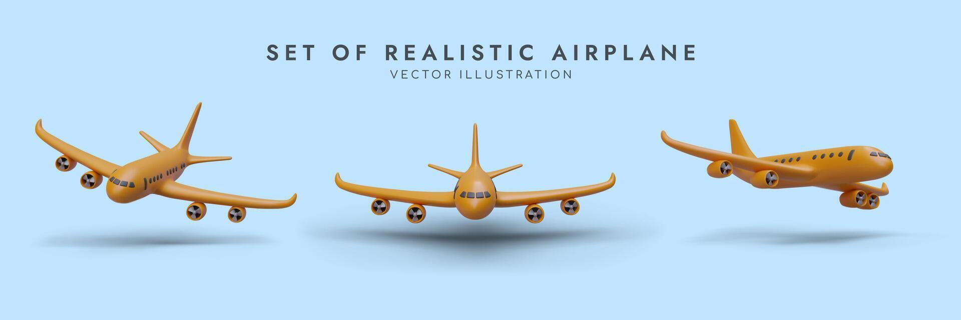 einstellen von Karikatur realistisch 3d Flugzeuge im anders Positionen. Gelb Flugzeug fliegend auf Blau Hintergrund vektor