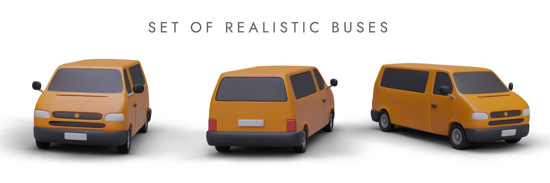 einstellen von realistisch 3d Busse im anders Positionen zum Transport branding und Werbung vektor