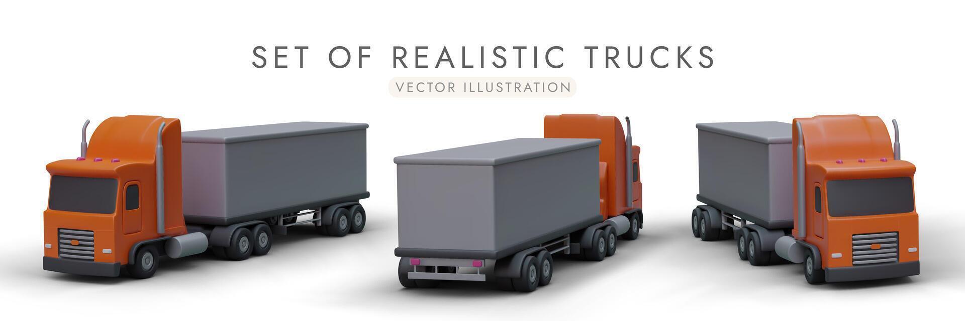 uppsättning av tecknad serie 3d orange lastbilar i annorlunda positioner. transport för leverans Produkter vektor