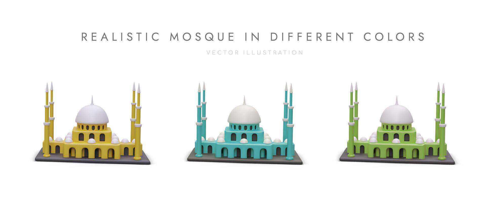 uppsättning av 3d moskéer i annorlunda färger. isolerat modern ikoner på arkitektonisk tema vektor