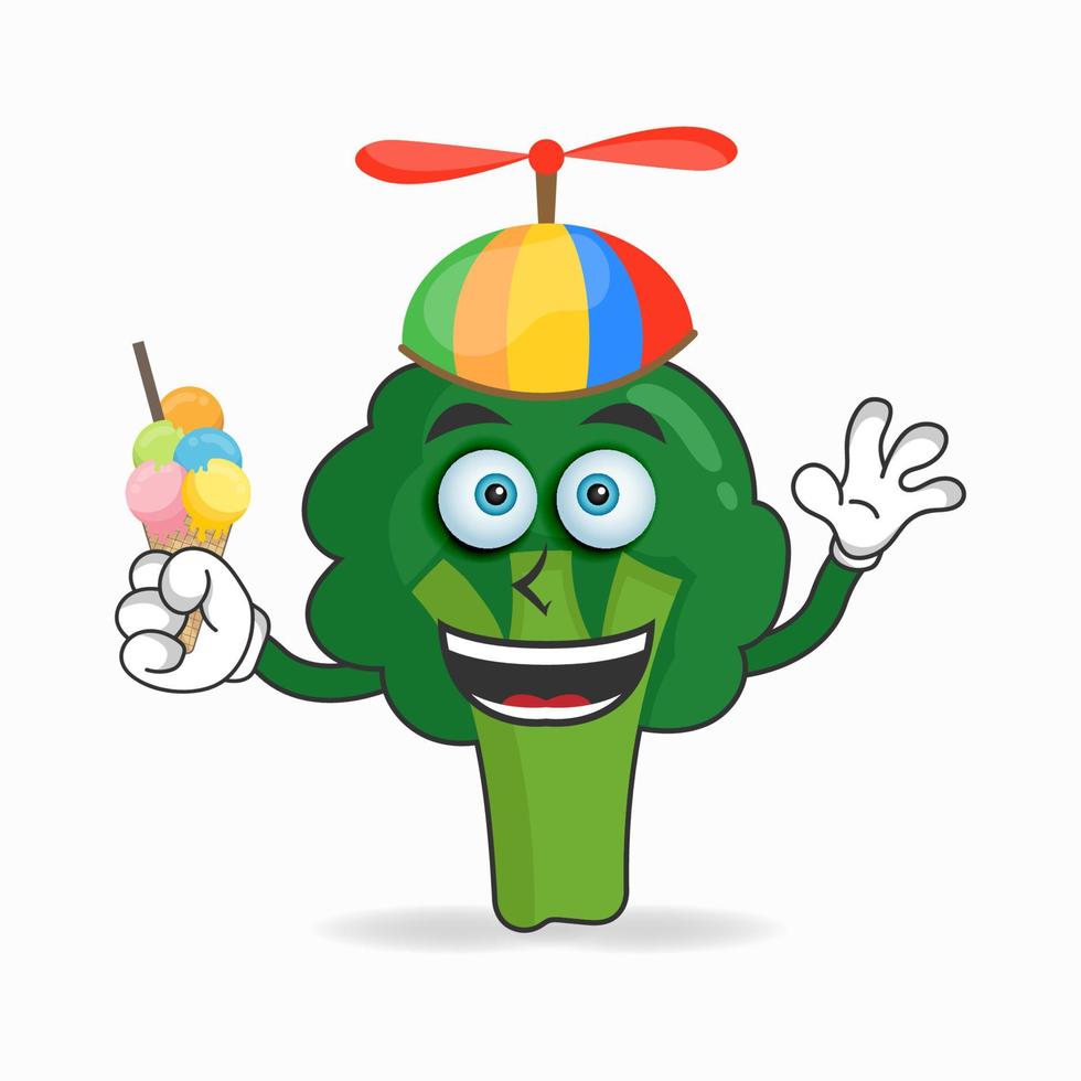 Brokkoli-Maskottchen-Charakter mit Brokkoli und buntem Hut. Vektor-Illustration vektor