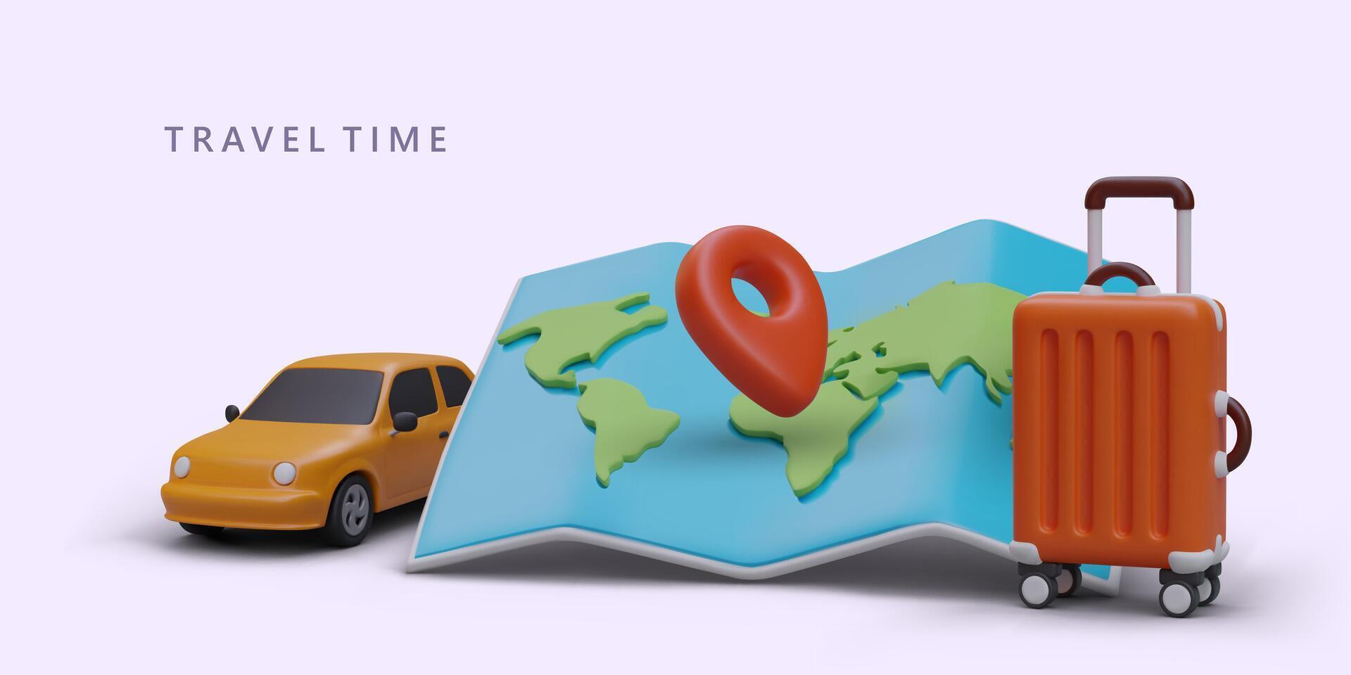 reser utomlands, Turné runt om värld. realistisk bil, Karta med markant plats och vagn väska vektor