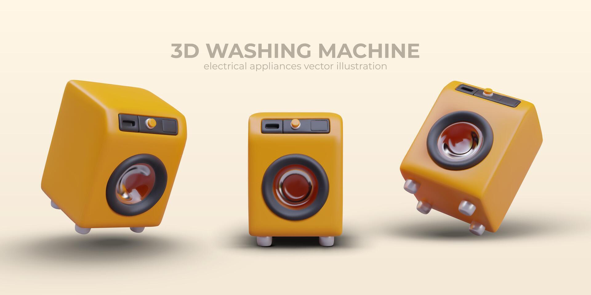 gul tvättning maskin, statisk och dynamisk placera. realistisk illustrationer med skuggor vektor