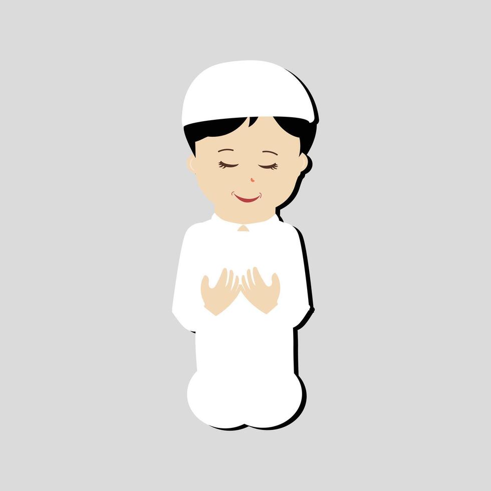 glücklich Muslim Junge Karikatur Charakter Vektor. Muslim Junge beten, wenig Muslim Kind anders Pose und Gefühl Frieden. vektor