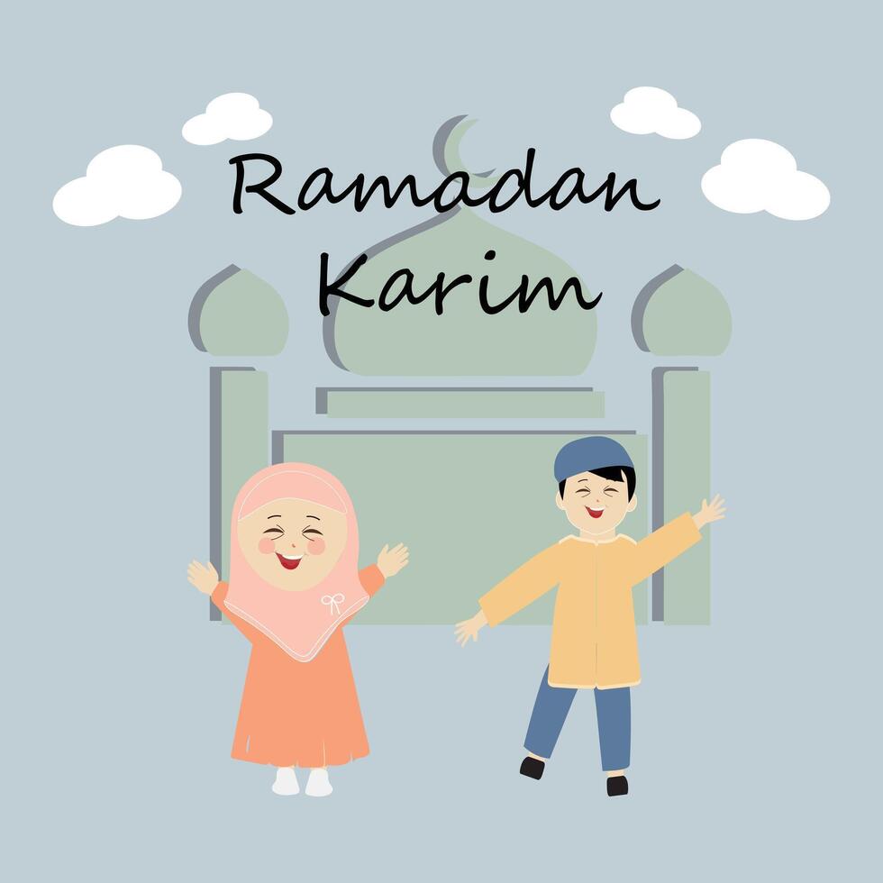 glücklich Ramadan kareem mit Kinder Charakter Illustration. Moslem Junge und Mädchen Ramadan Gruß Karte. vektor