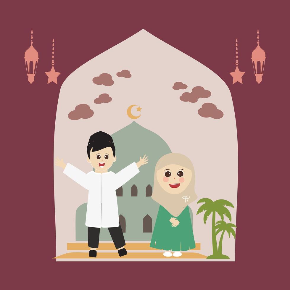 glücklich Ramadan kareem mit Kinder Charakter Illustration. Moslem Junge und Mädchen Ramadan Gruß Karte. vektor