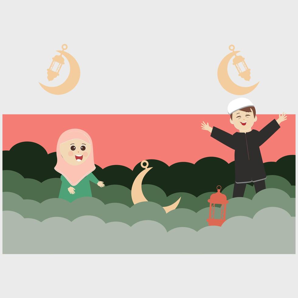 Lycklig ramadan kareem med barn karaktär illustration. moslem pojke och flicka ramadan hälsning kort. vektor