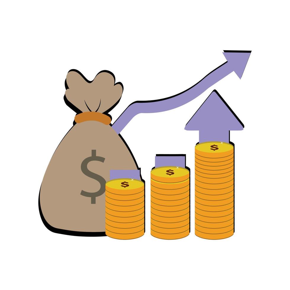 Geld Tasche Diagramm Zunahme, Geschäft Graph Pfeil oben Wachstum Investition. Diagramm Finanzen Einkommen erhöhen, ansteigen wachsend. Vektor Illustration eben Design.