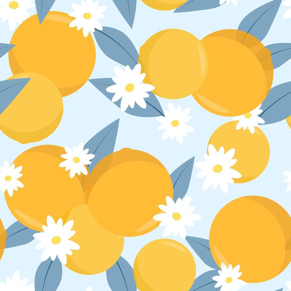 sömlös mönster av saftig apelsiner och blå grenar med löv och blommor vektor