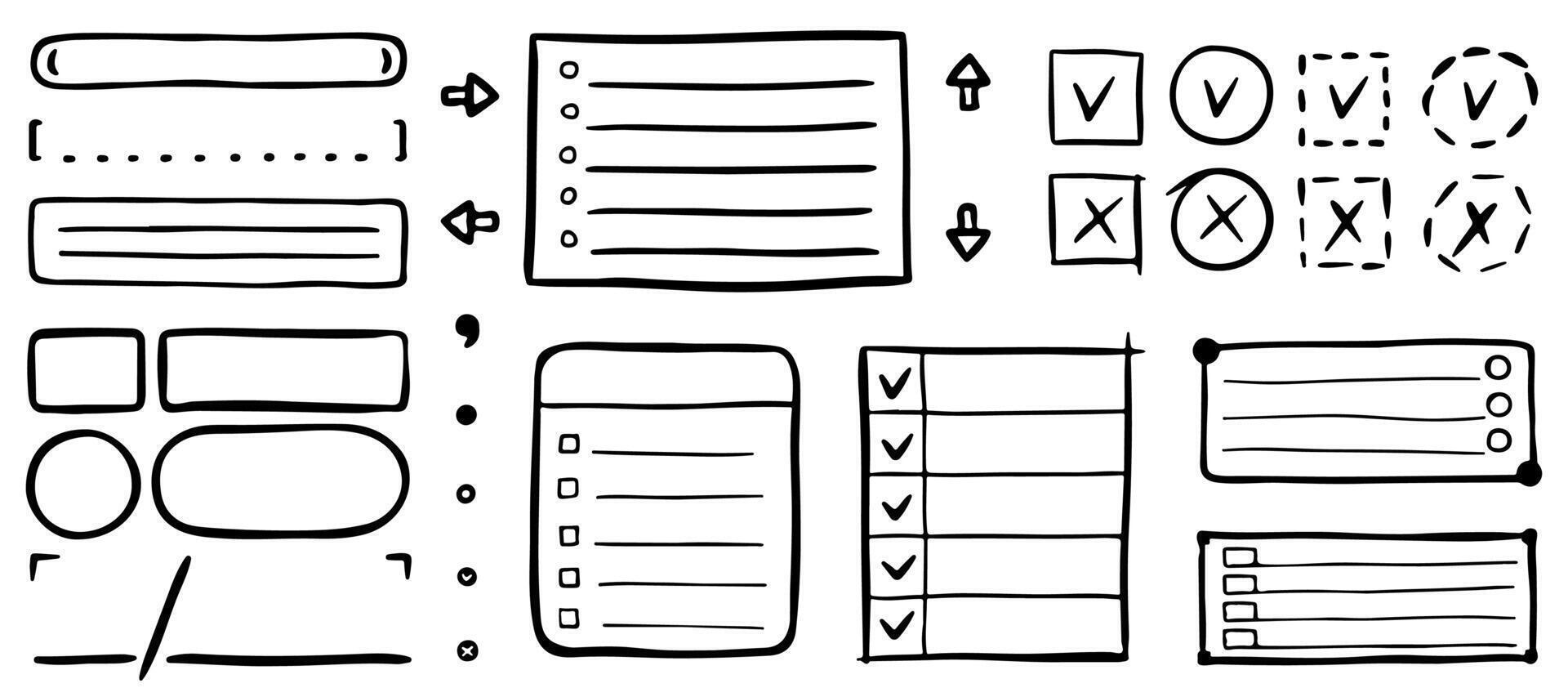 klotter kula tidning vektor element för planerare, anteckningsbok, dagbok. hand dragen banderoller och kolla upp märken. anteckningar, lista, ramar, pilar, avdelare, design element isolerat på vit bakgrund