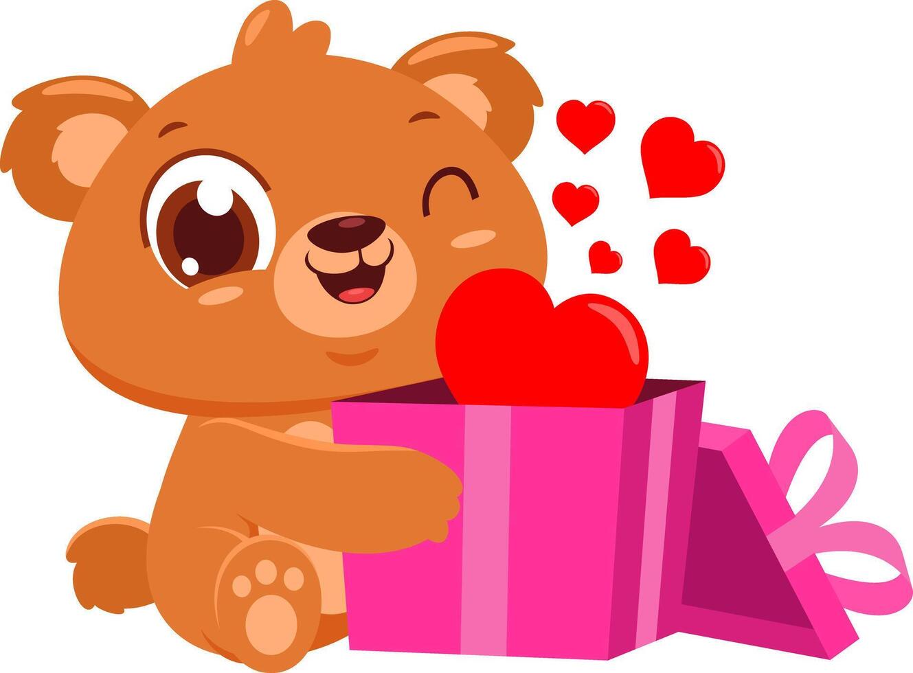 söt valentine Björn tecknad serie karaktär innehav gåva låda med röd hjärtan. vektor illustration platt design