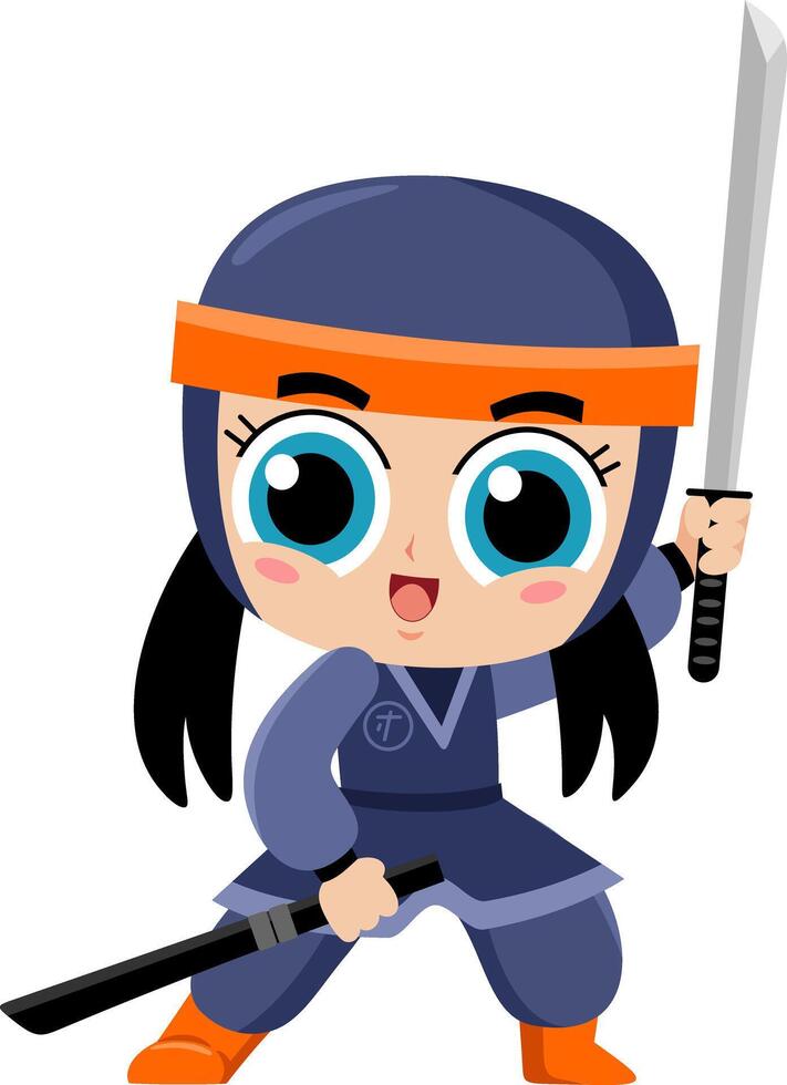 süß Ninja Mädchen Krieger Karikatur Charakter mit Katana Schwert bereit zu Kampf vektor
