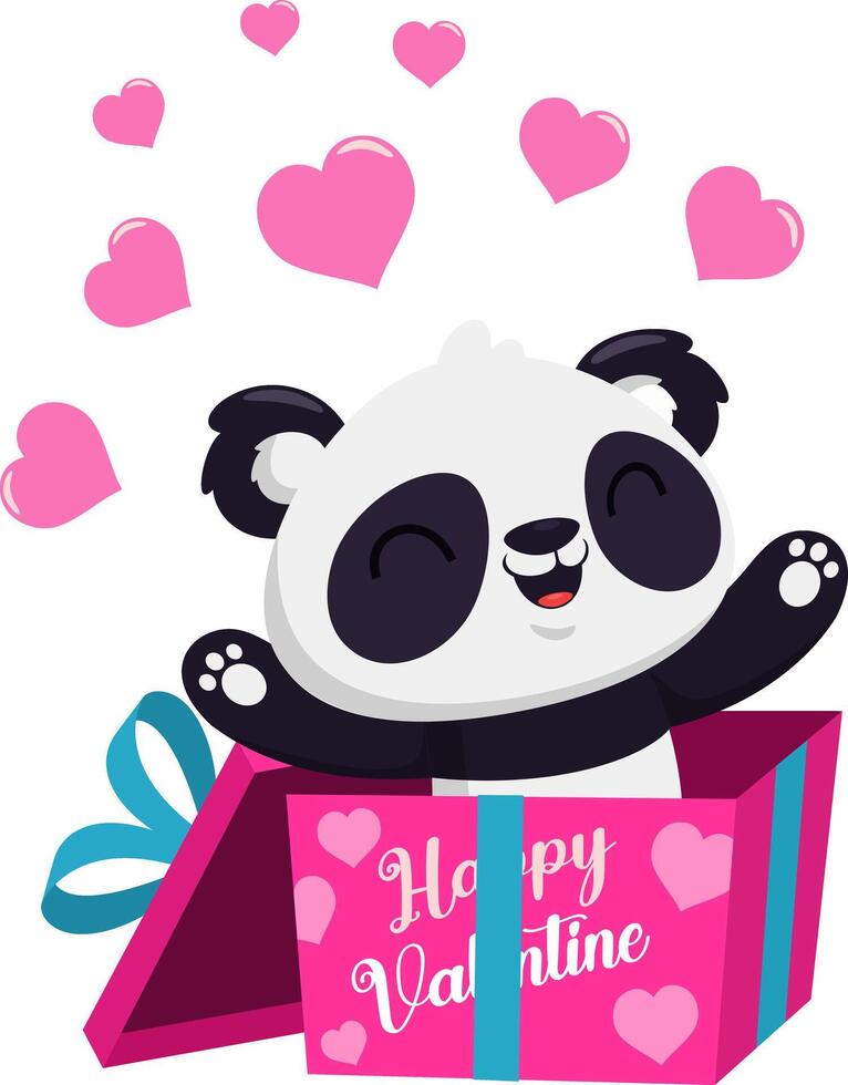 süß Valentinstag Panda Bär Karikatur Charakter Ausfahrt von Geschenk Box mit Rosa Herzen. Vektor Illustration eben Design