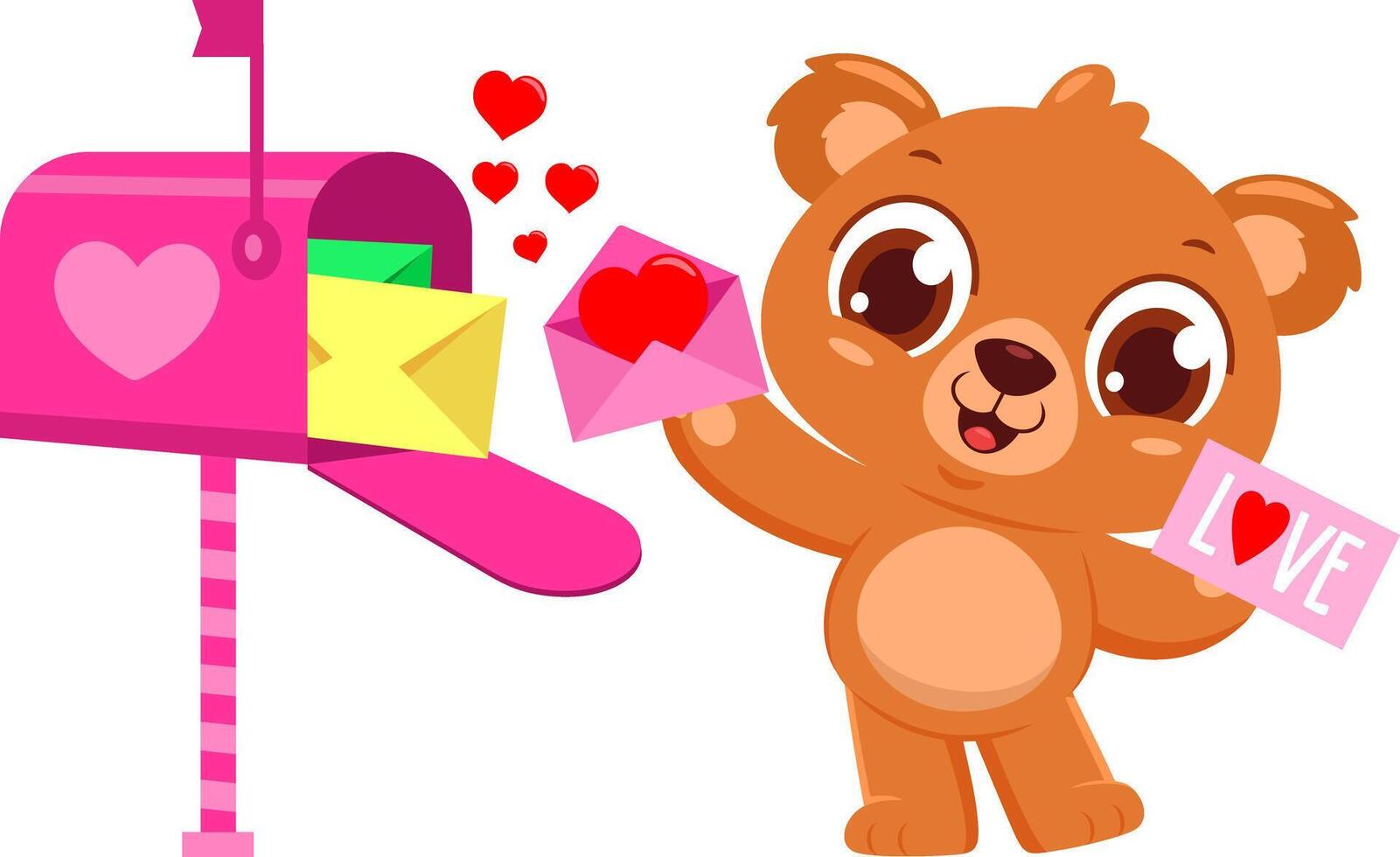 süß Valentinstag Bär Karikatur Charakter nimmt Liebe Briefe von Mail Kasten. Vektor Illustration eben Design