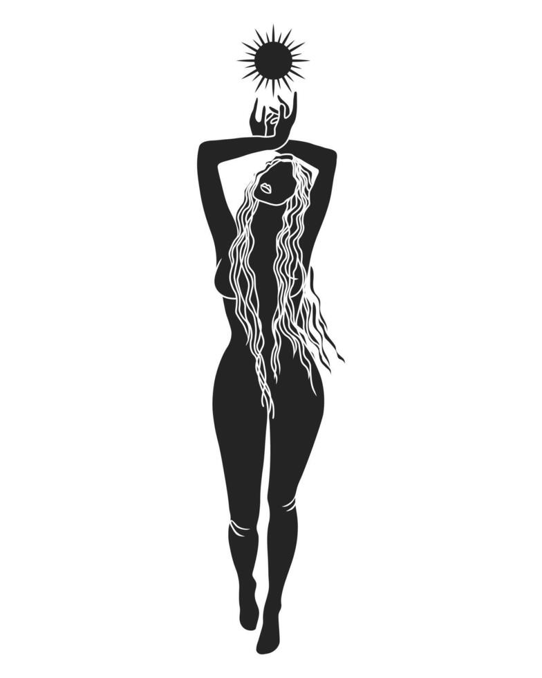 Silhouette von ein nackt Frau mit ein Symbol von das Sonne auf ein Weiß Hintergrund, mystisch Poster. Mauer Kunst, Mauer Dekor. Vektor