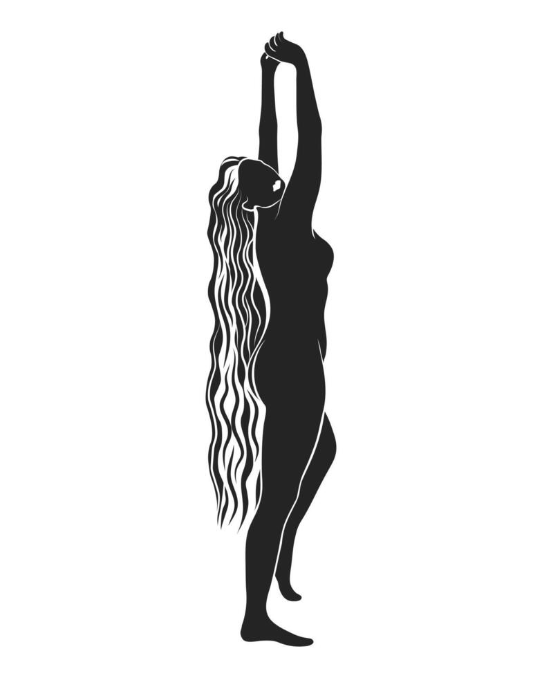 silhuett av en naken kvinna med lång hår på en vit bakgrund, mystisk affisch. vägg konst, vägg dekor. vektor