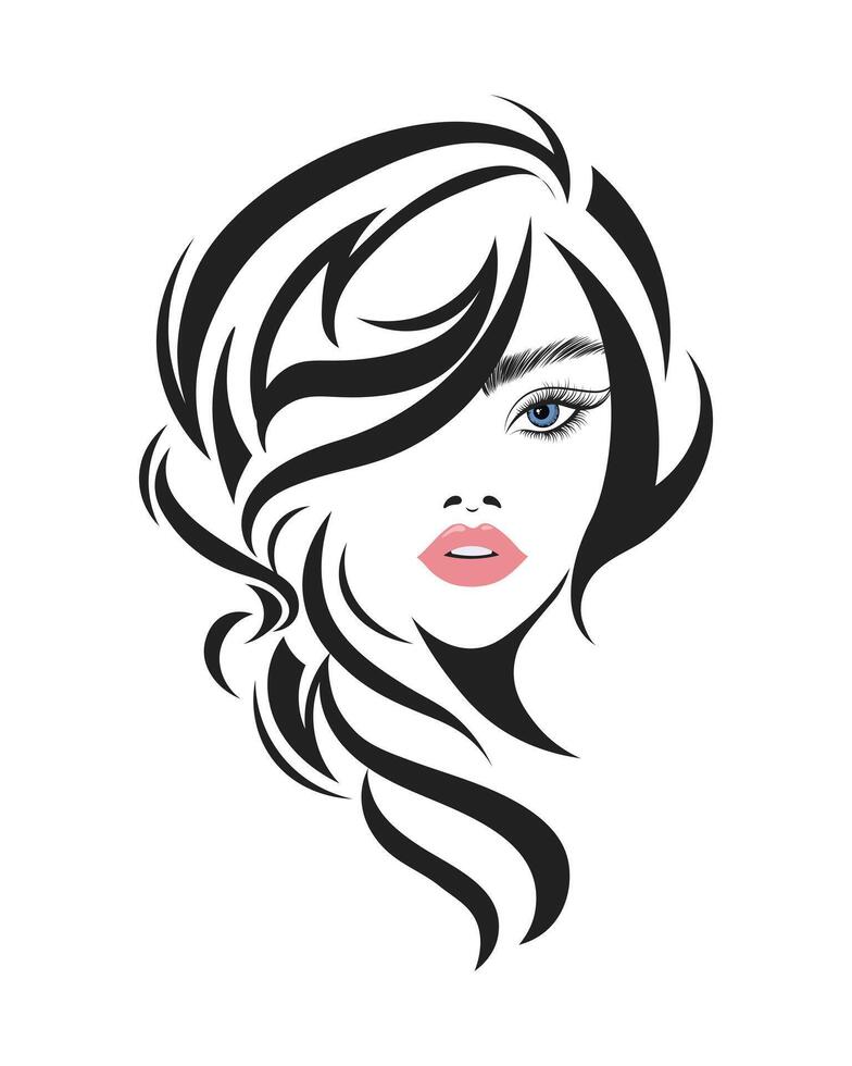 linje konst, kontur teckning av en skön kvinna med lång hår. skönhet logotyp. mode och skönhet begrepp. vektor