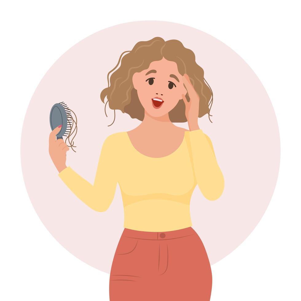Frau mit ein Kamm im ihr Hand. Haar Verlust, Alopezie, Haar Probleme, Kahlheit. Illustration, Vektor