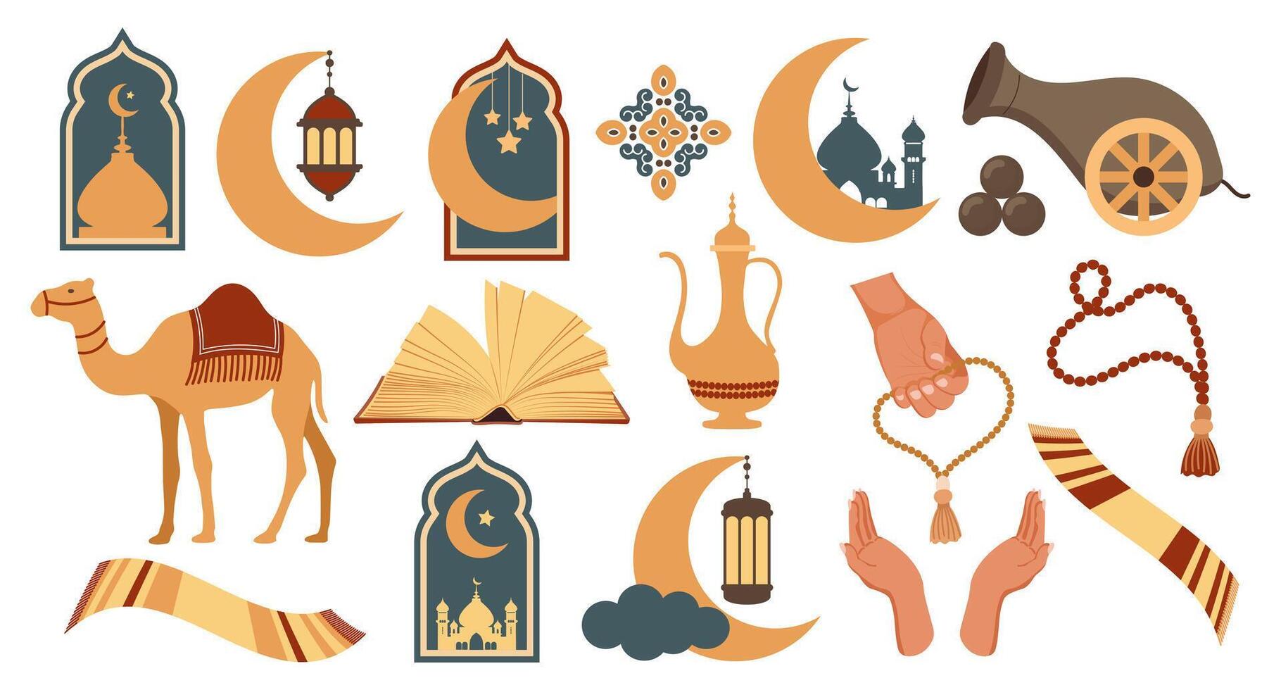 uppsättning av ikoner av de arabicum islamic Semester ramadan. uppsättning av ikoner av islamic Semester, kultur. måne, kamel, kanon, moské, radband, bön bok, lampa. vektor. vektor