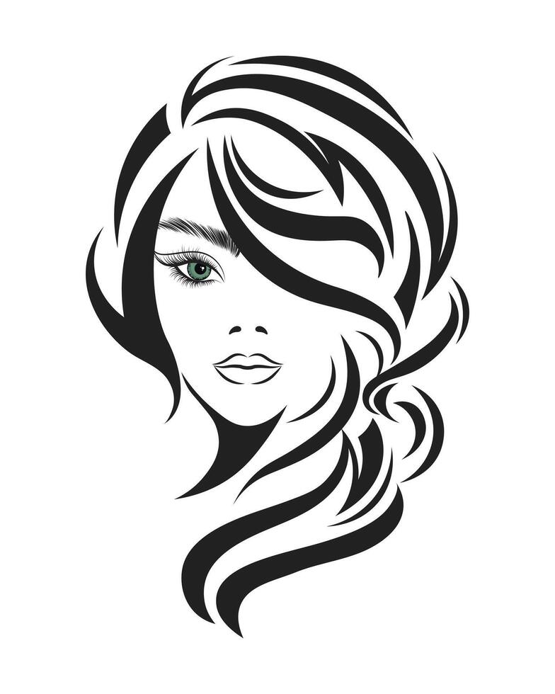 linje konst, kontur teckning av en skön kvinna med lång hår. skönhet logotyp. mode och skönhet begrepp. vektor