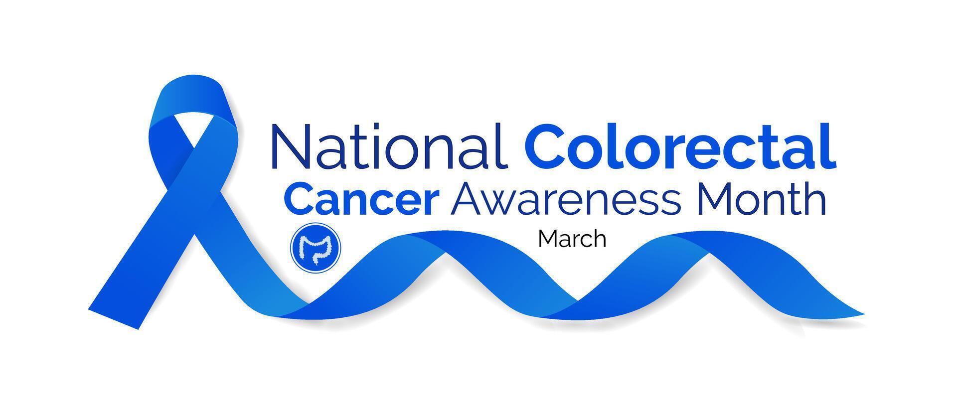 kolorektal Krebs Bewusstsein Monat ist Marsch. Banner, Poster, Karte, Hintergrund Design mit Blau Band und Text. Vektor Illustration.
