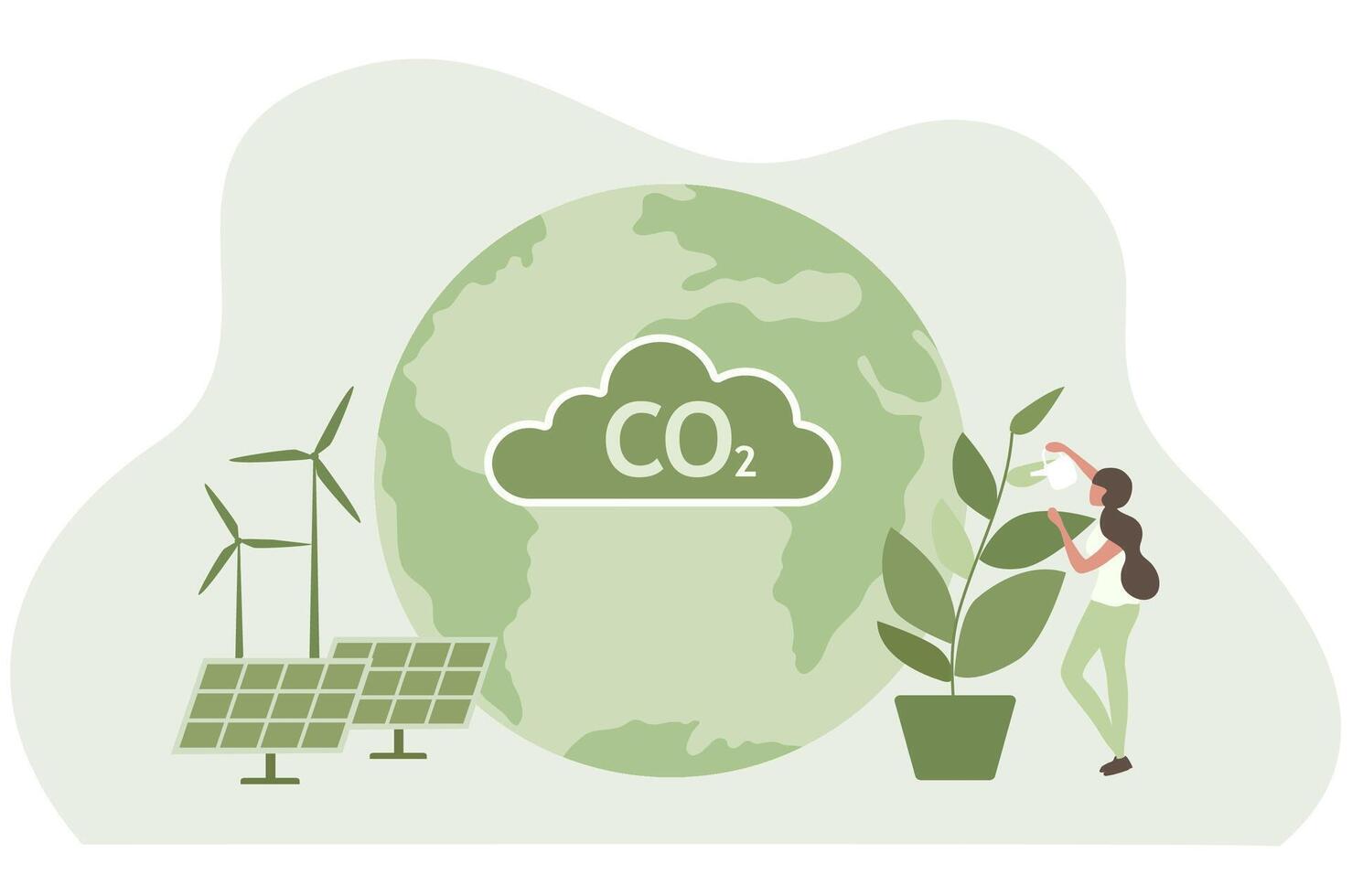 co2 kol utsläpp minskning begrepp. grön energi, ekologi miljö- med sol- panel, vind turbiner, ev bil vektor