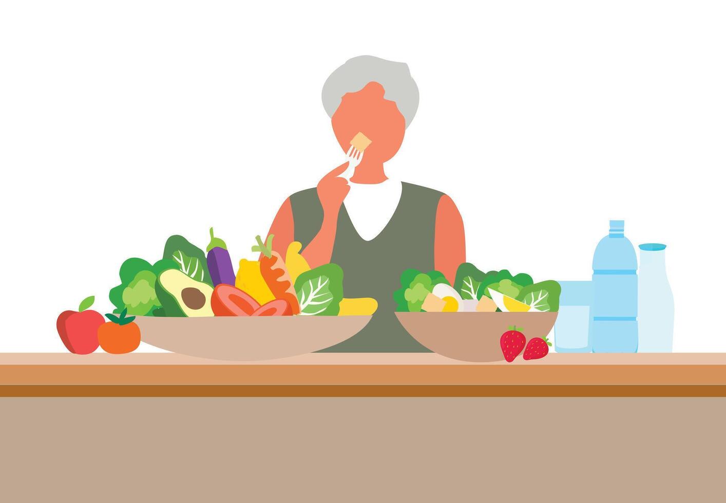 gesund Essen zum Alten Konzept, alt Mann Essen gesund Lebensmittel. gesund Altern zum Senioren Pflege Vektor Illustration