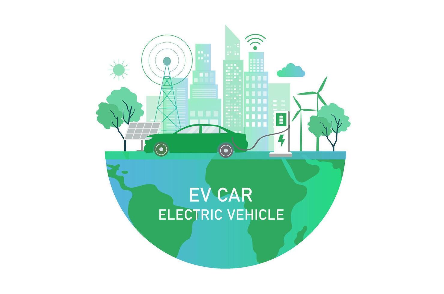 elektroauto, ev-auto, autoladebatterie an elektrischer ladestation mit sonnenkollektor und windturbinen. nachhaltige grüne energie für die ökologie umwelt. futuristische Transporttechnologie. vektor