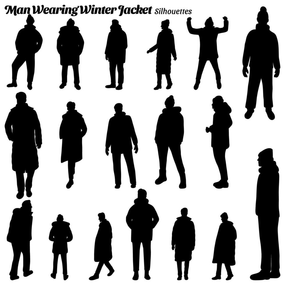 Sammlung von Silhouetten von Männer tragen Winter Jacken vektor