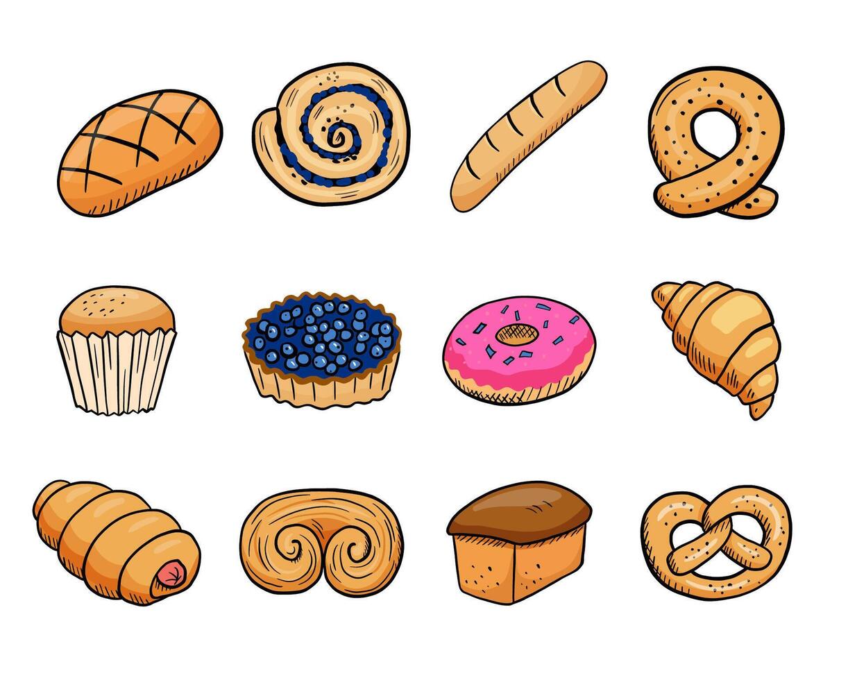 bröd, munk och croissant tecknad serie uppsättning. färgrik ljuv isolerat på vit bakgrund. klotter illustration pretzel vektor