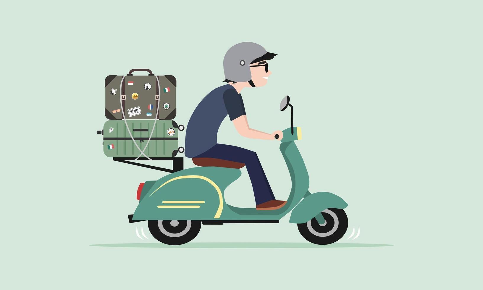 män ridning gammal klassisk skoter med bagage eller resväska. motorcykel touring begrepp. vektor illustration.
