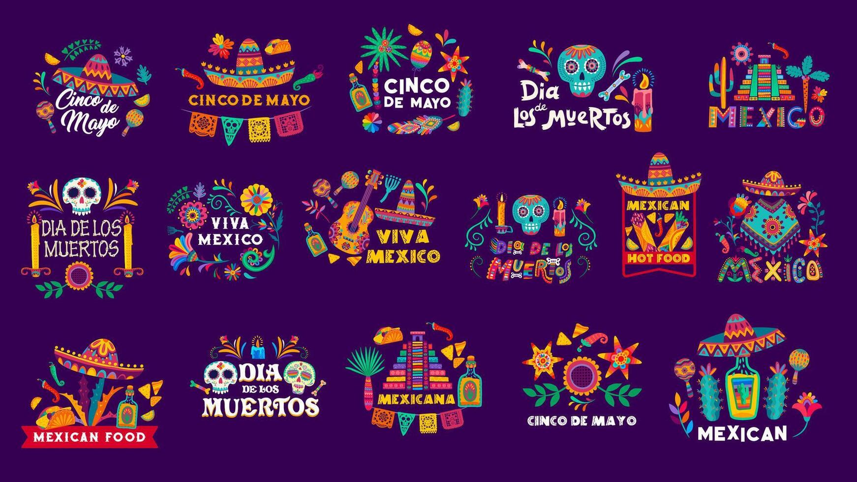 Mexikaner Urlaub Etiketten, Muertos, cinco de Mayo vektor