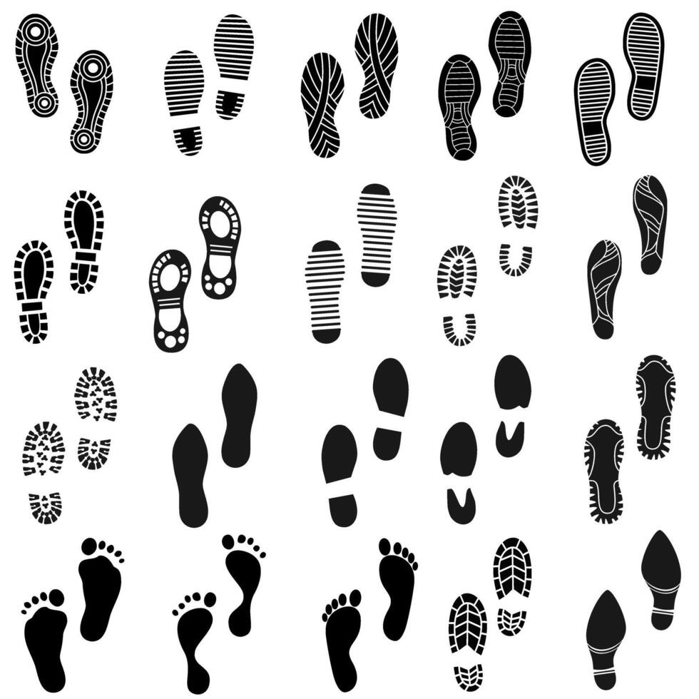 sko grafik ikon vektor uppsättning. fotspår illustration tecken samling. skor symbol eller logotyp.