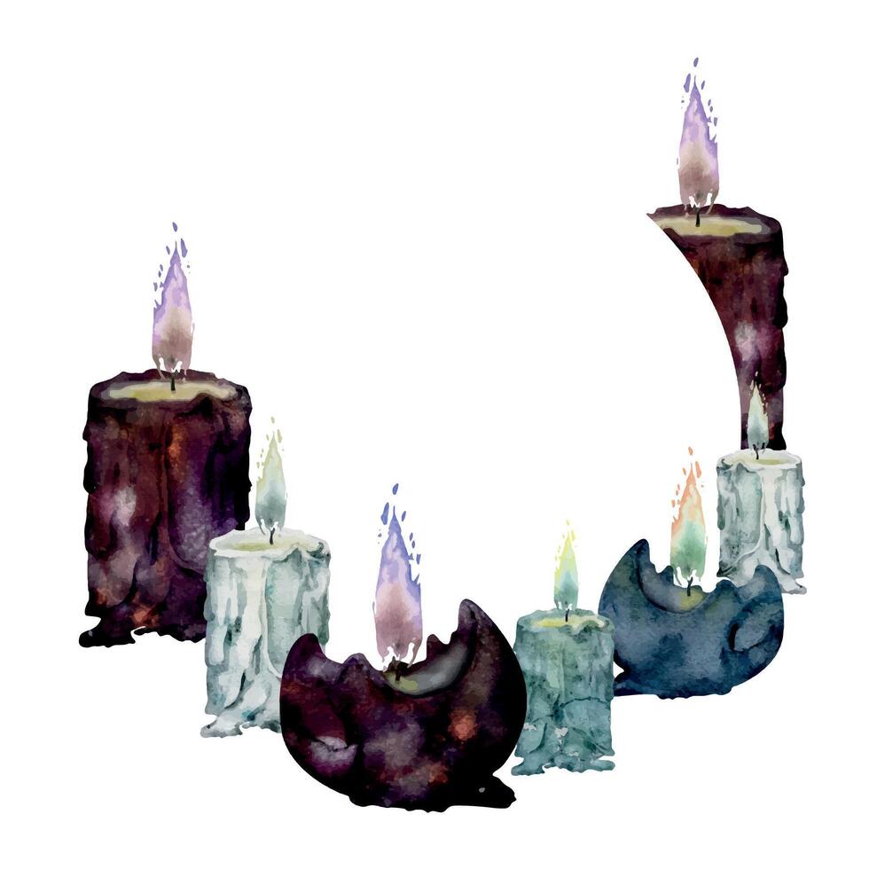 hand dragen vattenfärg illustration hav häxa altare objekt. brinnande pelare och boll votiv- ljus med flamma, blå lila. krans ram isolerat på vit bakgrund. design för skriva ut, affär, magi vektor