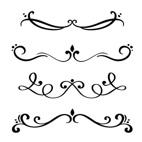 Vektor vintage linje eleganta dividers och separatorer, virvlar och hörn dekorativa ornament. Blomstrålar filigree designelement. Blomstra krulelement för inbjudan eller menysida illustration