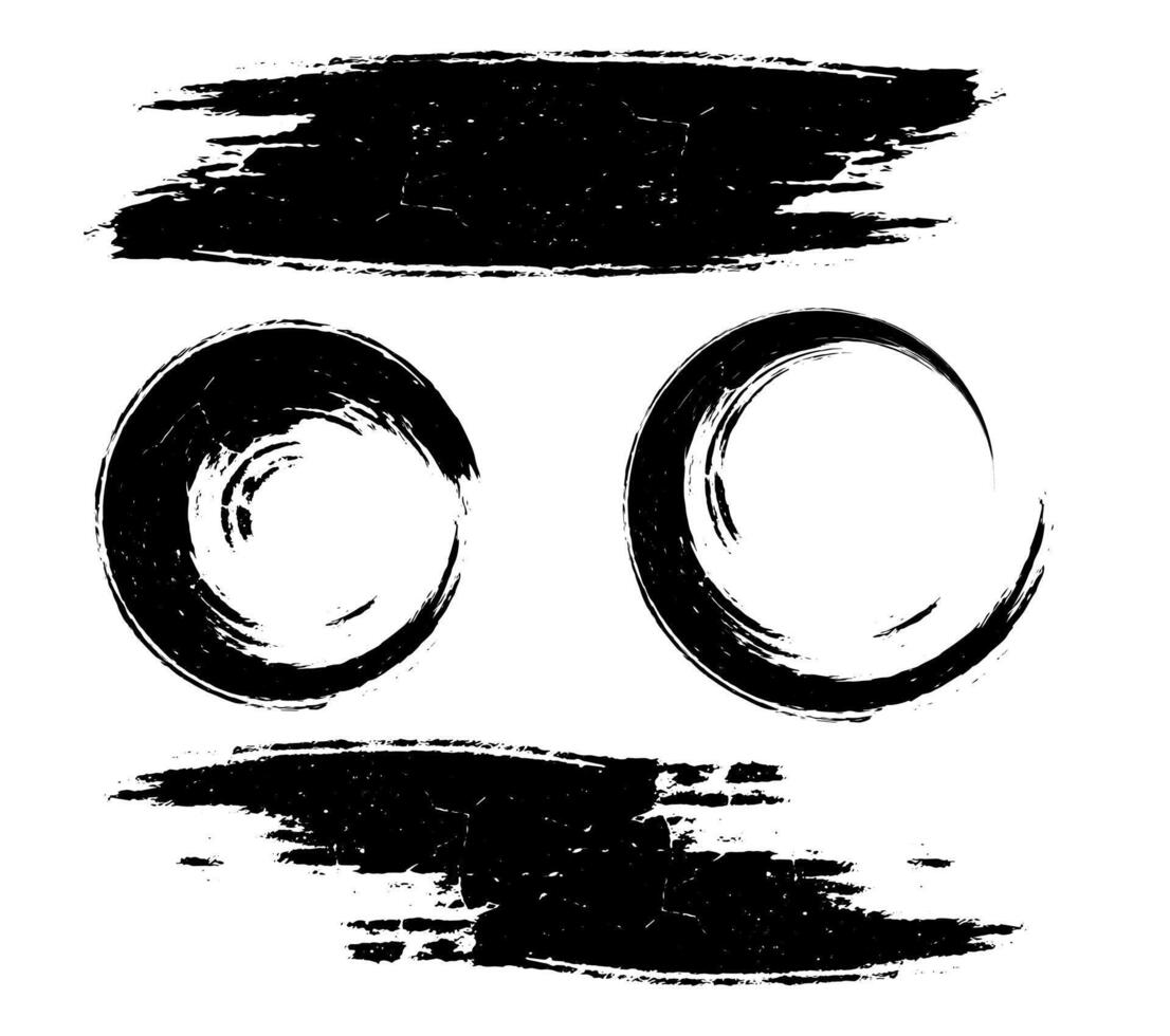 Grunge Hintergrund mit Spritzer, einstellen von schwarz und Weiß Flecken, einstellen von schwarz und Weiß Vektor kritzeln runden Kreis Symbole Rahmen Bürste Schlaganfall Vektor Illustration, einstellen von Flecken spritzt Farbe Bürste