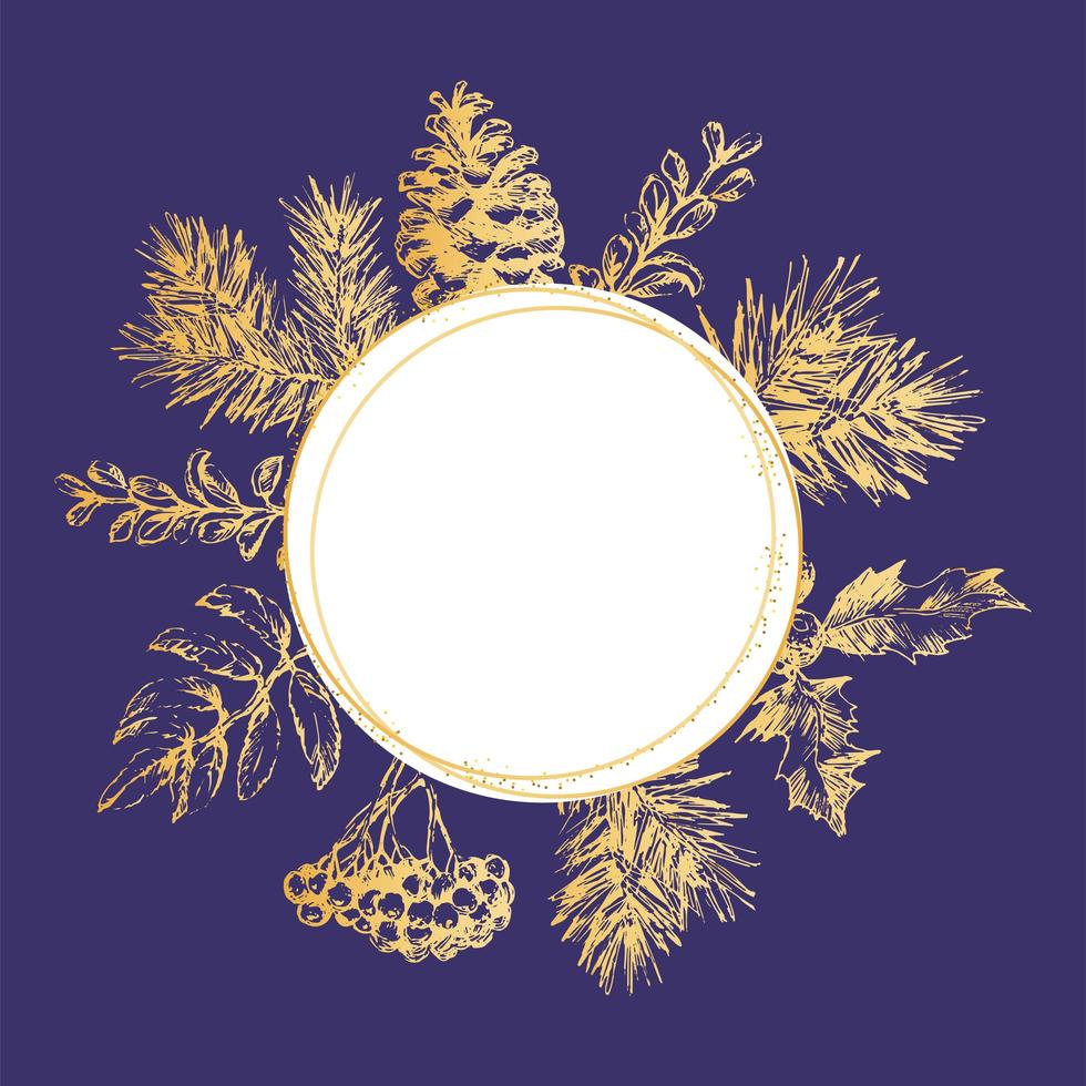Goldrahmen Weihnachten und Neujahr Einladungskarte. handgezeichnete Vektor-Illustration von Retro-Kranz auf hellem Hintergrund. Winterferienkollektion vektor