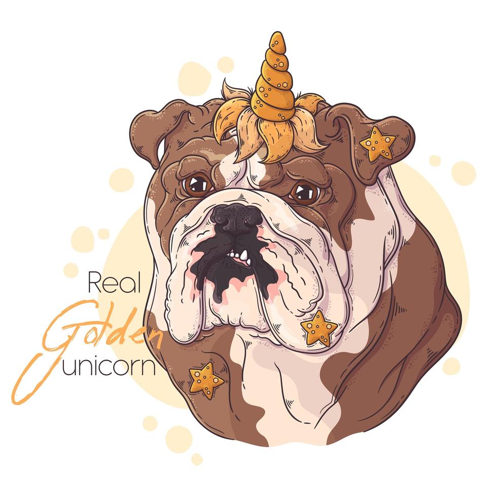 handgezeichnete Bulldogge mit Einhornhornvektor. isolierte Objekte für Ihr Design. Jedes Objekt kann geändert und verschoben werden. vektor