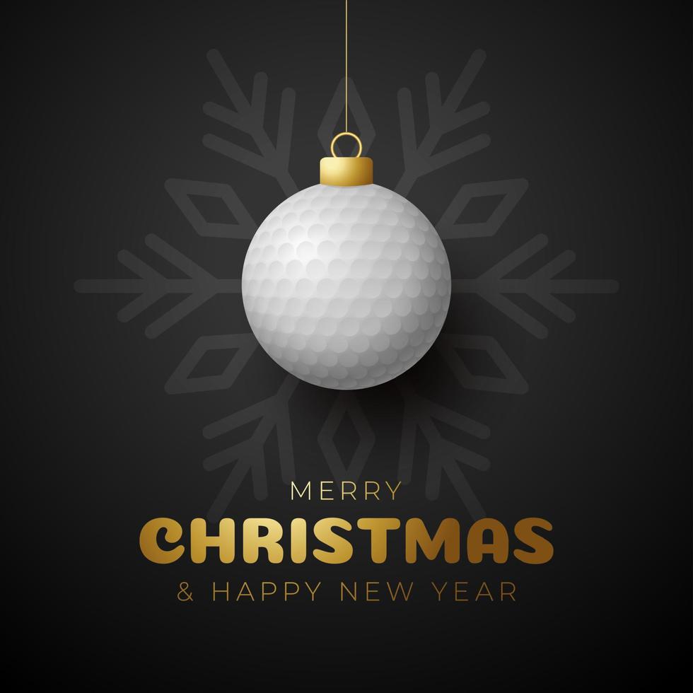 golf julkort. god jul sport gratulationskort. hänga på en tråd golfboll som en xmas boll och gyllene grannlåt på svart horisontell bakgrund. sport vektor illustration.